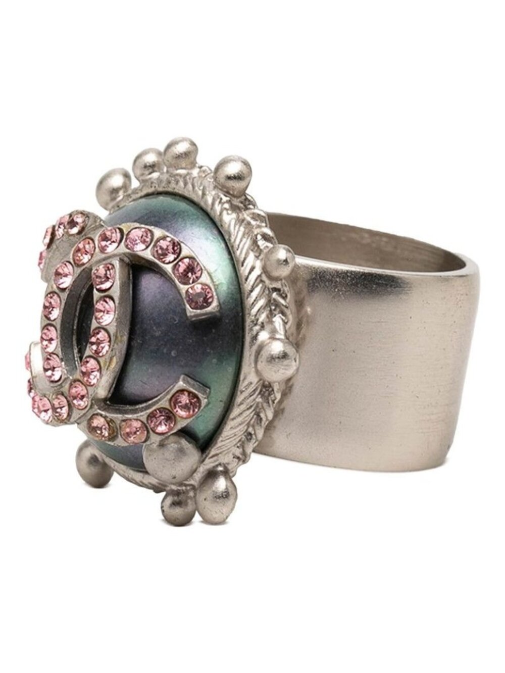 ★SOLD★ Chanel CC Logo Ring 02c Silver Pink Metal Line Stone - Picture 2 of 7